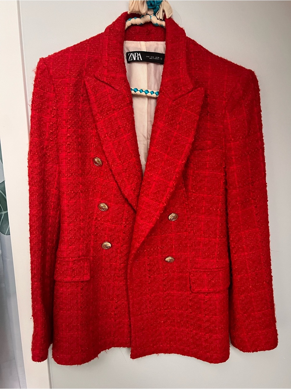 Zara Red Double-Breasted Tweed blazer with Gold Buttons